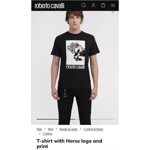 Roberto Cavalli T-Shirt Tee Horse Logo Print Black Crew Neck Size L NWT $260